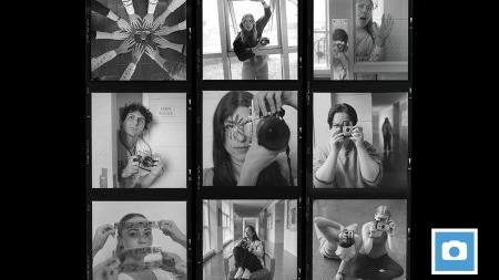 Nine-photo grid of film photographs of students in a film photography class. Eight are pictures of students in the class and one is a photo of their hands around a camera.